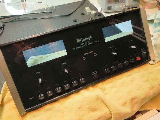 New McIntosh MA6500 glass with pushbuttons and headphone jack installed, ready for final assembly.